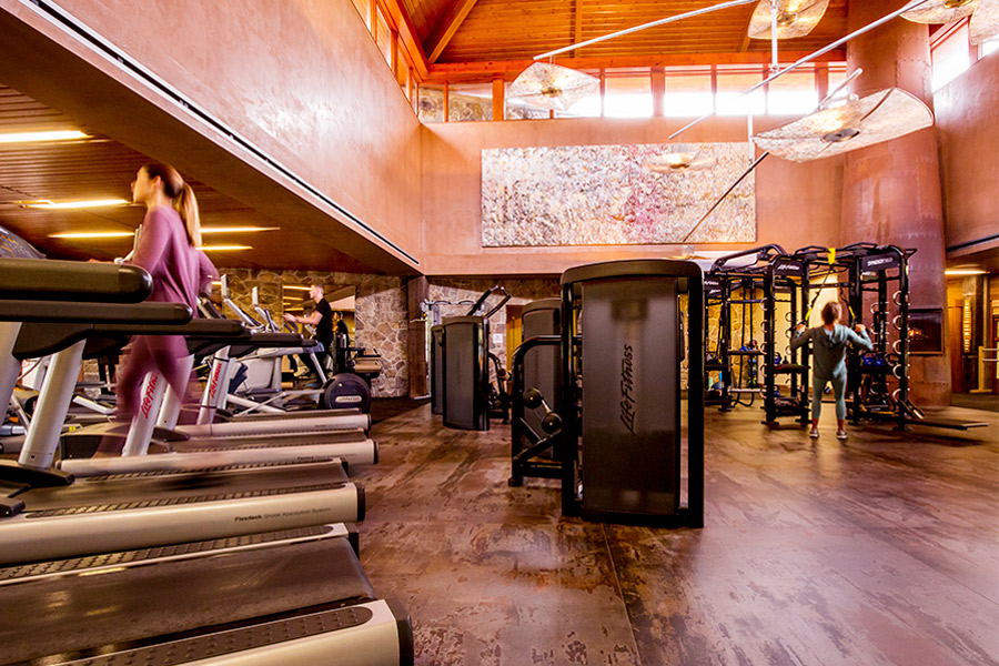 interior of gym with treadmills and weight lifting