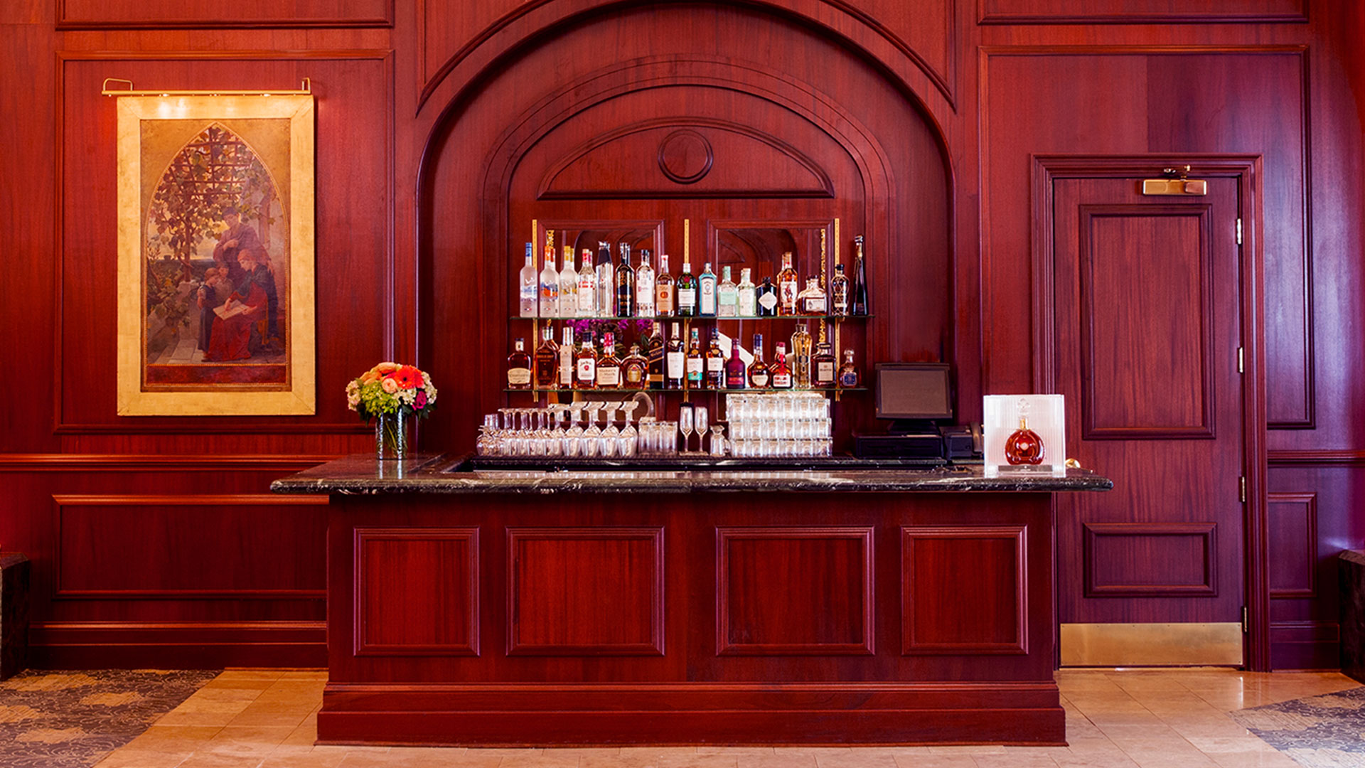 bar in front of wooden walls