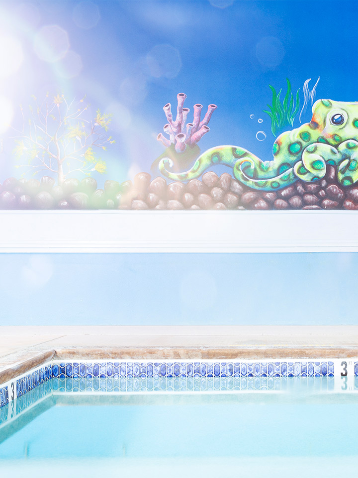 above is a drawing of an octopus underwater, and below is a pool
