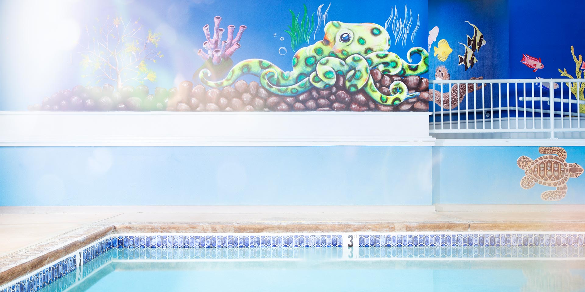 indoor pool with sea creatures painted on the walls
