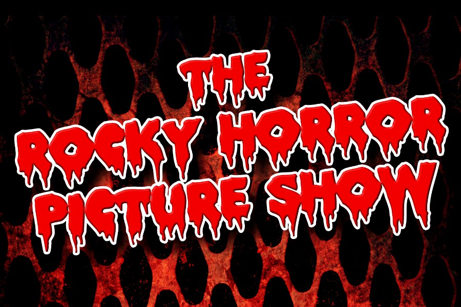 Logo for the Rocky Horror Picture Show. Red lettering dripping down like blood on a black background