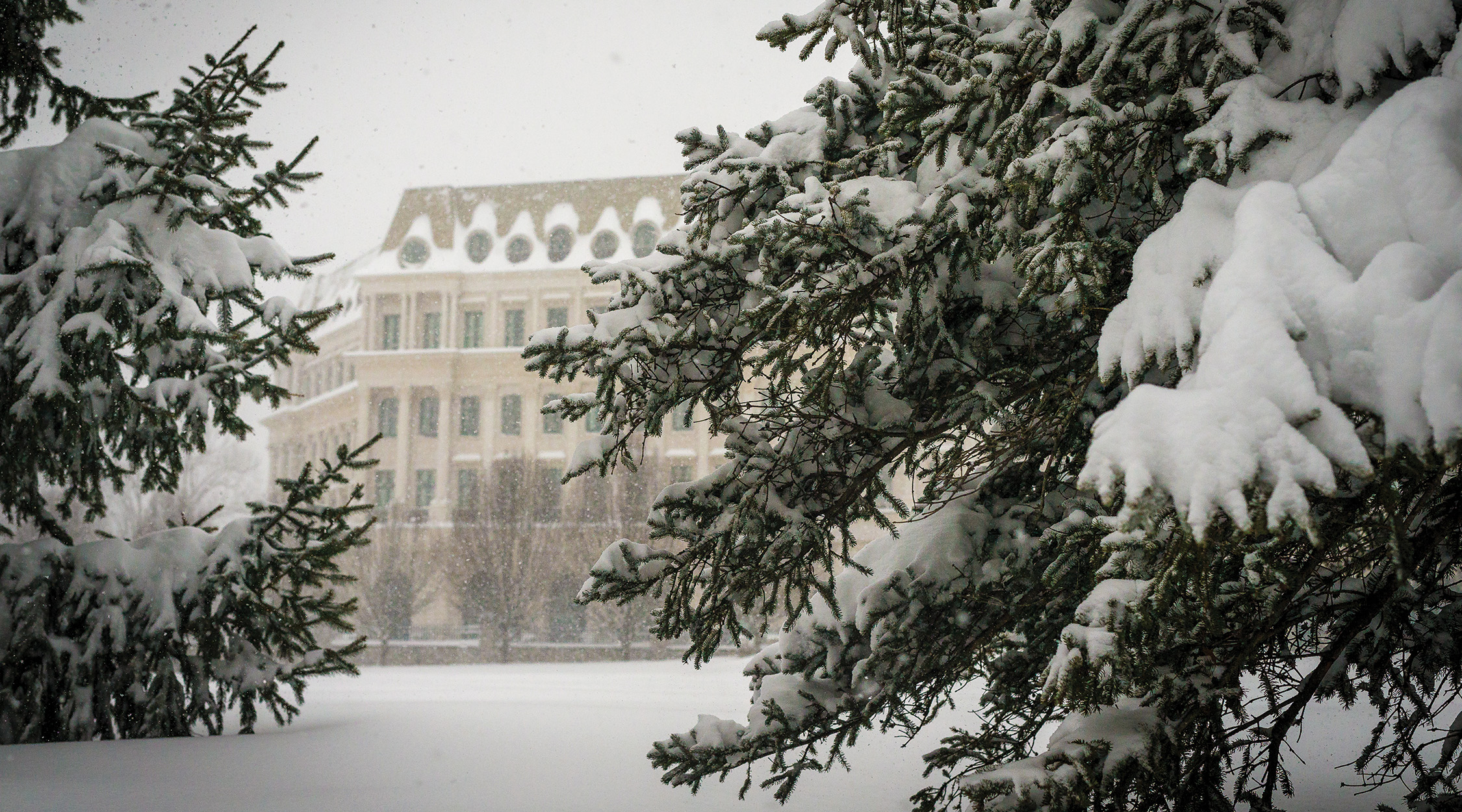 Winter scene of The Chateau at Nemacolin