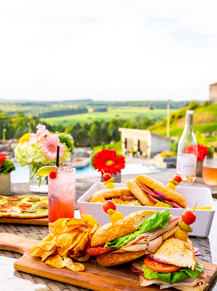 Food on the balcony overlooking mountains