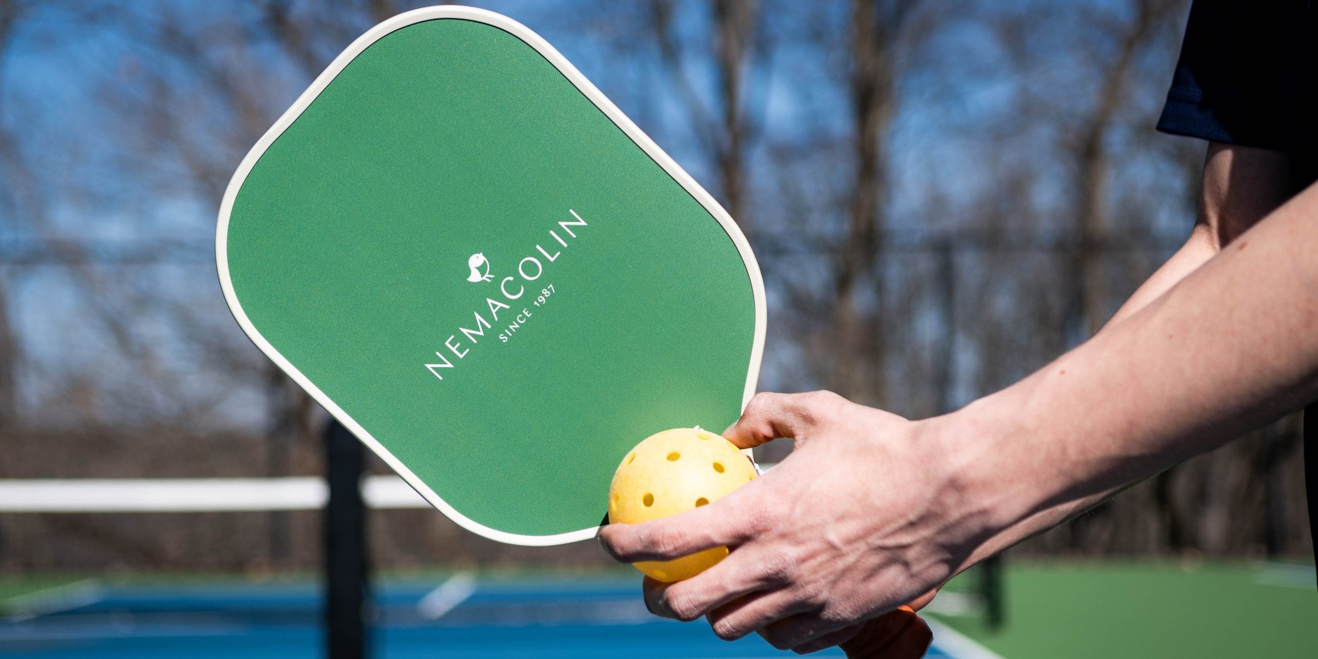 Two hands holding a pickleball racket and a ball.