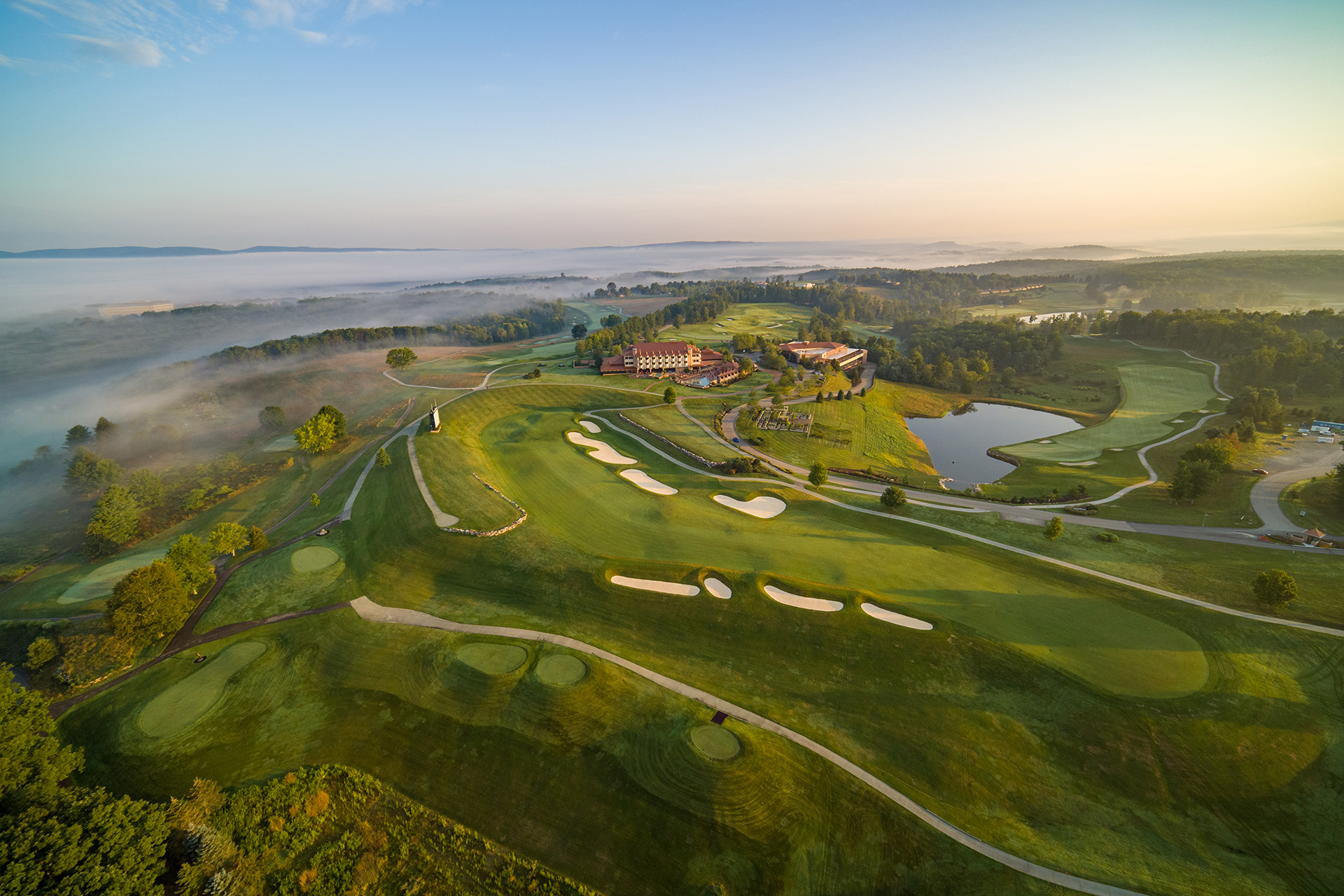 Aerial view of the Falling Rock boutique hotel and Mystic Rock golf course