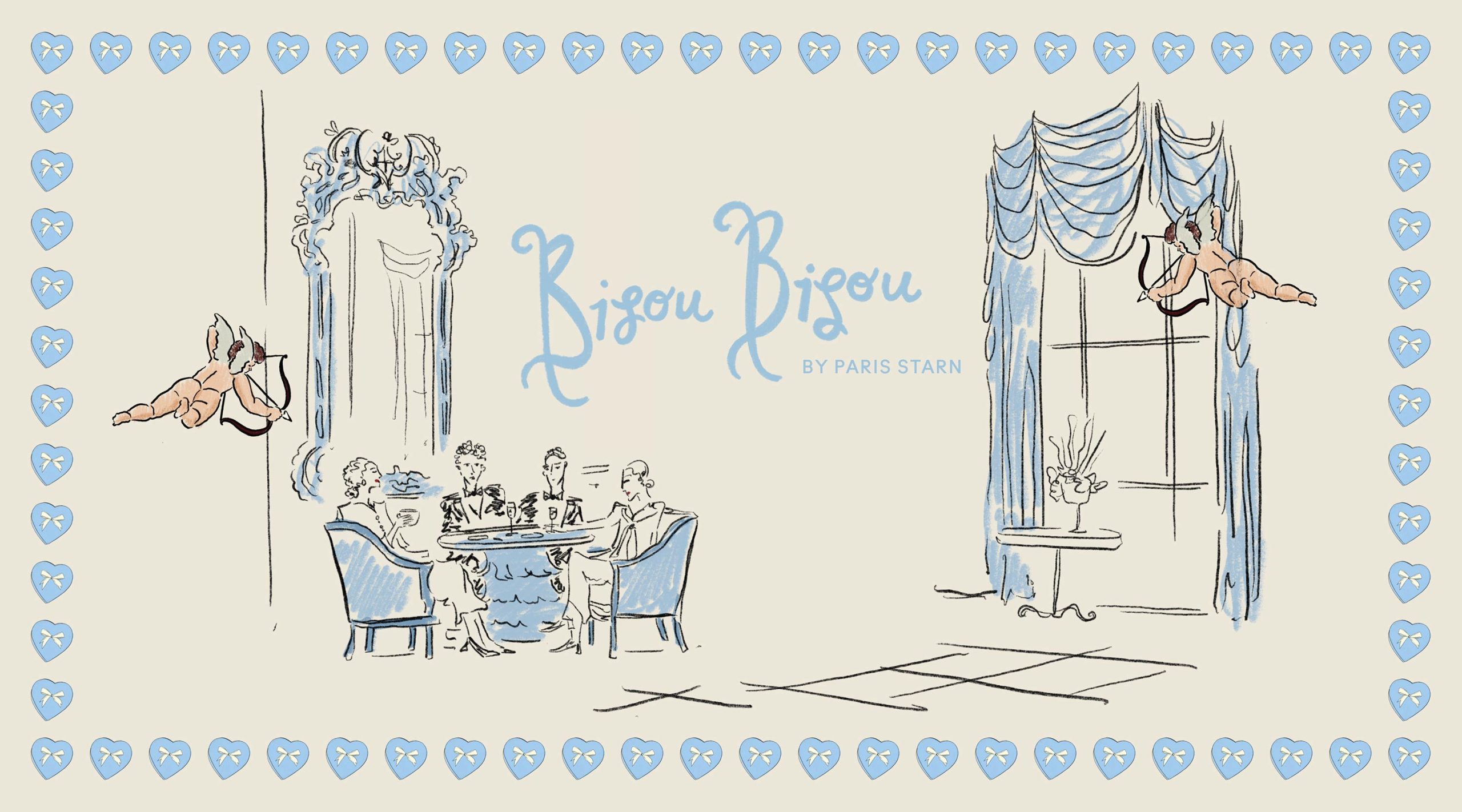 Bisou Bisou by Paris Starn shows an elegant cartoon of four preople dining in blue chairs near an opulent blue mirror by a window with blue floor-to-ceiling draperies. Two cupid characters are flying in the room, and the artwork is surrounded by a border of light blue hearts.