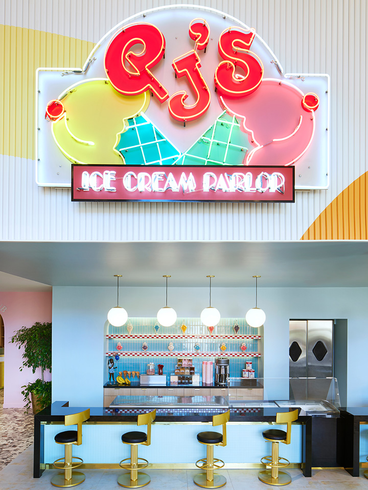 ice scream scoop shop with a fun neon theme