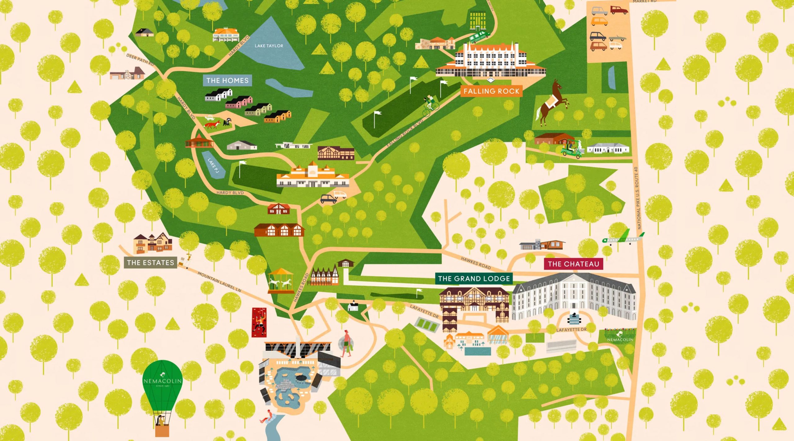 A colorful and interactive, cartoon map of Nemacolin resort.